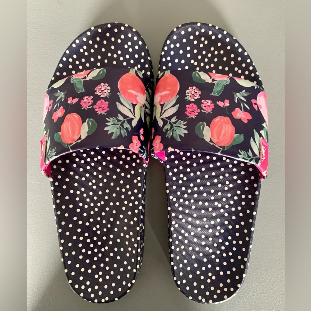 NEW! Joules printed Slide Sandals in Navy Tutti Fruity - US Size 6
